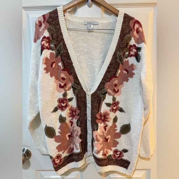Lise J Sweaters - VTG LISE J Women's Floral Knit Cardigan Cream Brown Pink Grandma Cottage Prarie